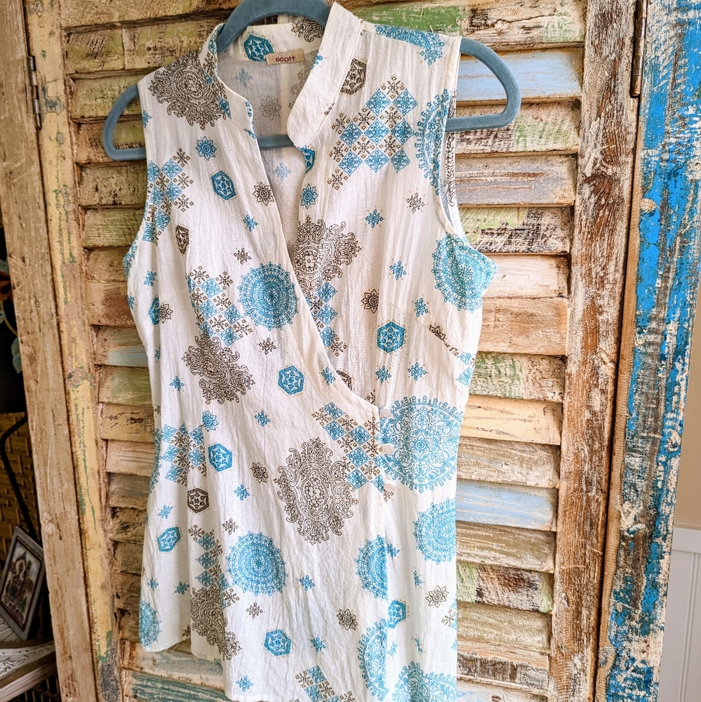 Vintage Linen Wrap Tunic Shirt Sleeveless Top White Turquoise Brown Print Medium - Picture 3 of 5